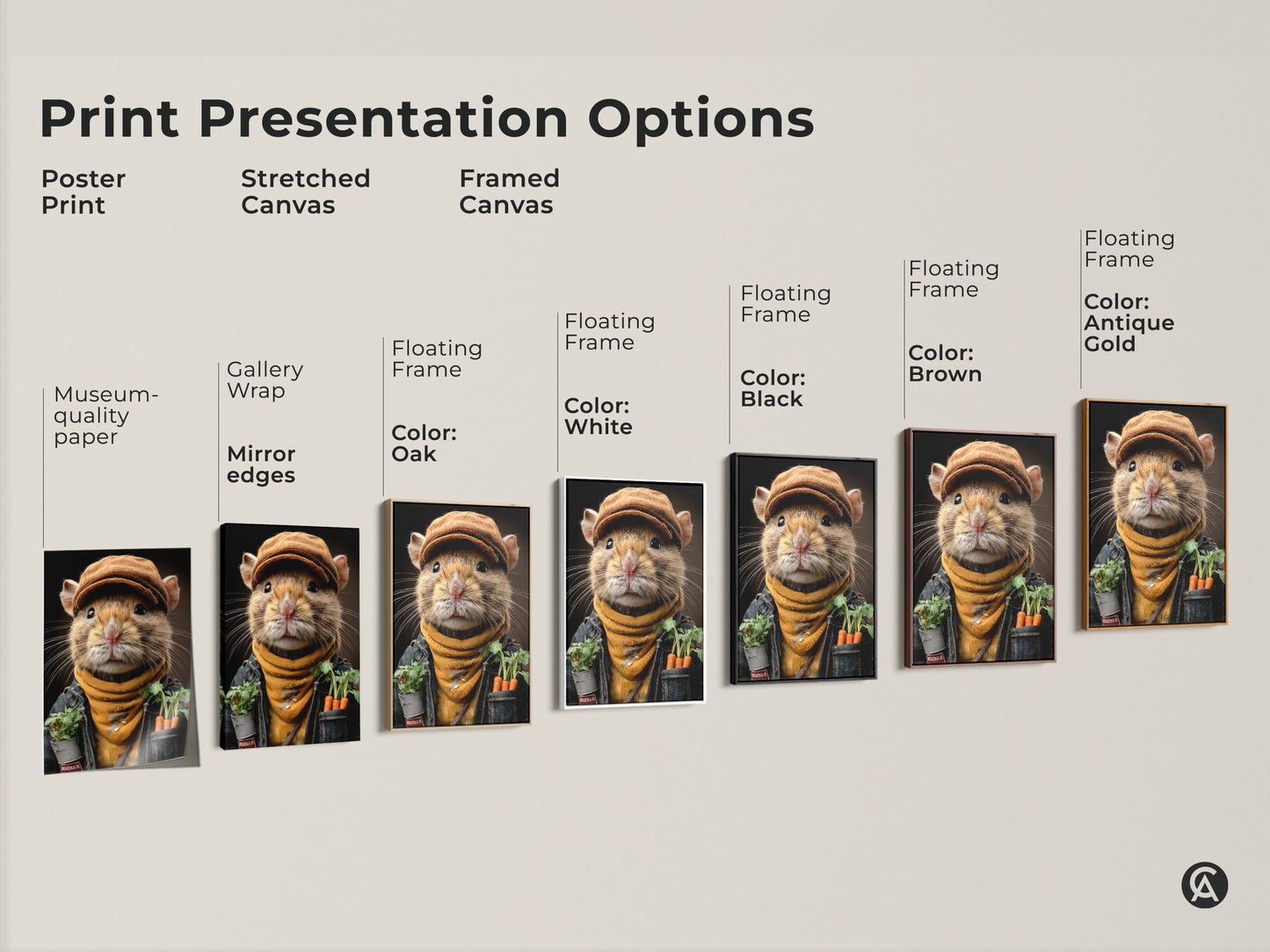 Various print presentation options are available. Choose from poster prints stretched canvas or framed canvas. Each features a realistic mouse gardener with carrots. Find the perfect fit for your eclectic home decor. Bring rustic charm to any room with these unique art pieces.