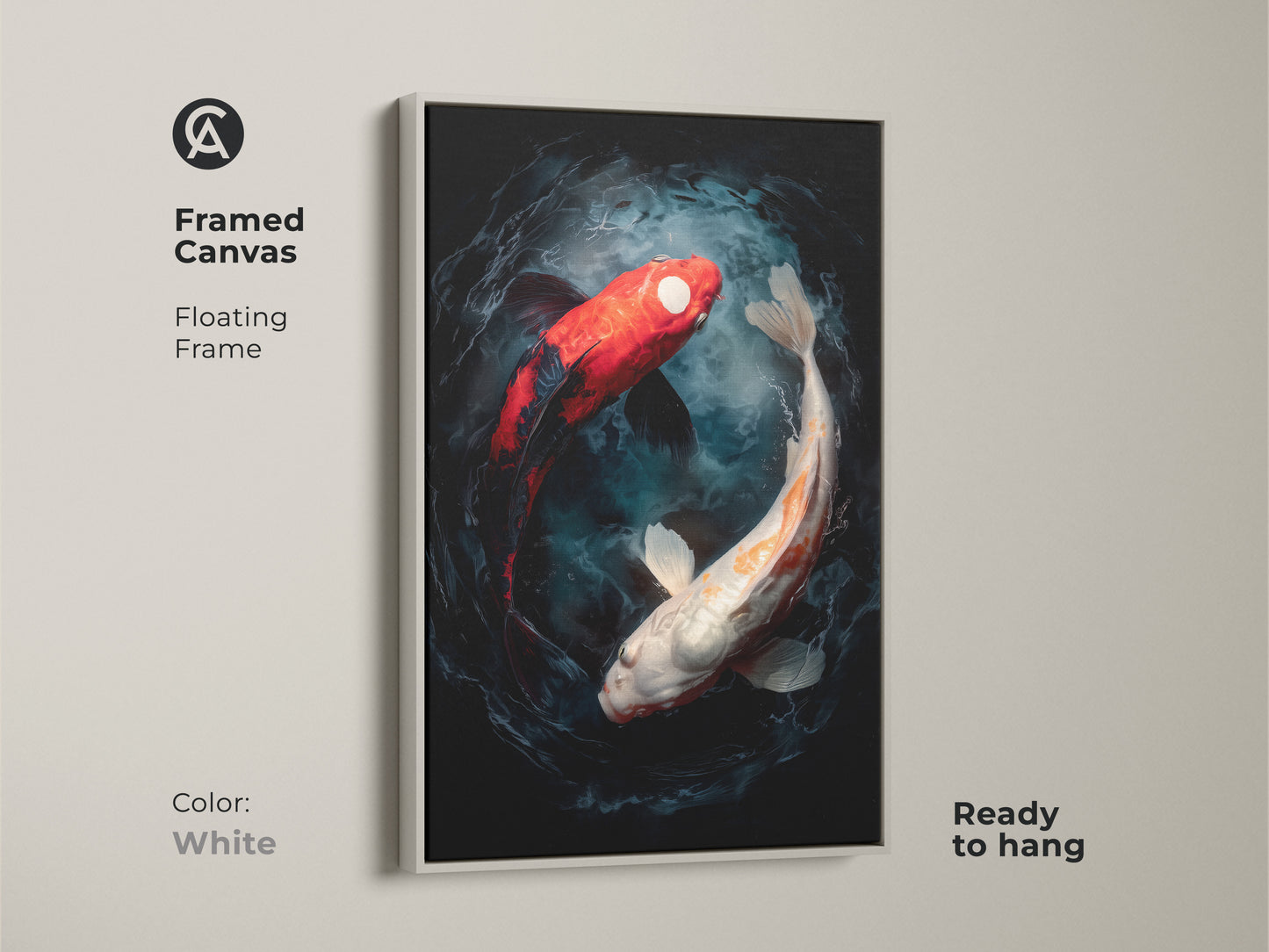 A framed canvas print of two koi fish swimming in a yin and yang formation. The artwork is modern and the frame is white. This floating frame canvas art is ready to hang
