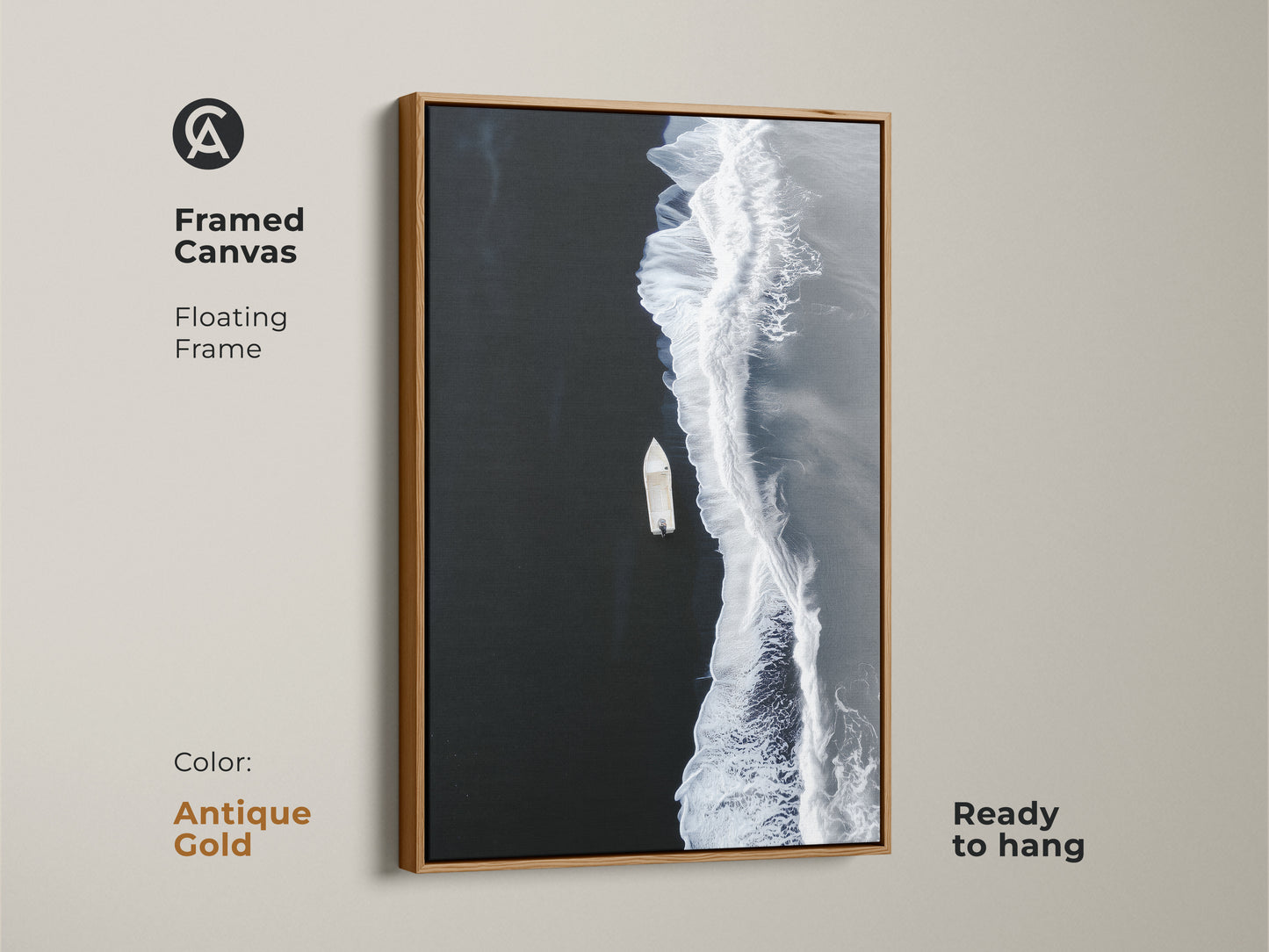 Antique Gold framed canvas of minimalist ocean artwork. A floating frame accents the aerial boat view. Ready to hang coastal beach decor for a modern seascape print.