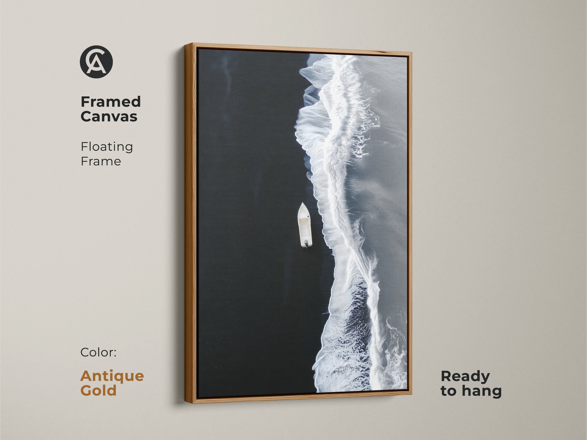 Antique Gold framed canvas of minimalist ocean artwork. A floating frame accents the aerial boat view. Ready to hang coastal beach decor for a modern seascape print.
