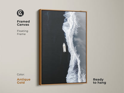 Antique Gold framed canvas of minimalist ocean artwork. A floating frame accents the aerial boat view. Ready to hang coastal beach decor for a modern seascape print.