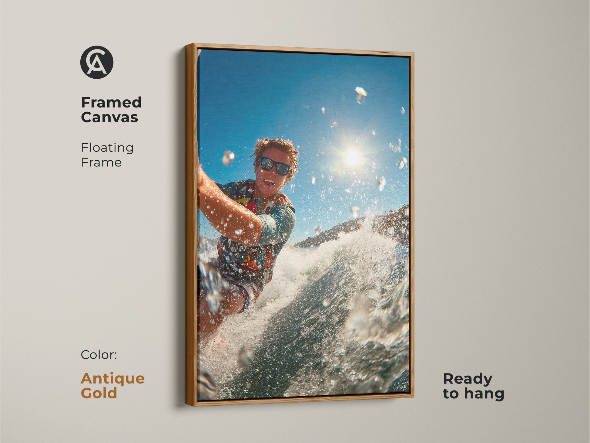 A surfer rides a wave in this framed canvas art. The antique gold floating frame adds a vintage touch. This ready-to-hang artwork brings elegance. Ideal for those wanting a classic yet adventurous piece in their home.