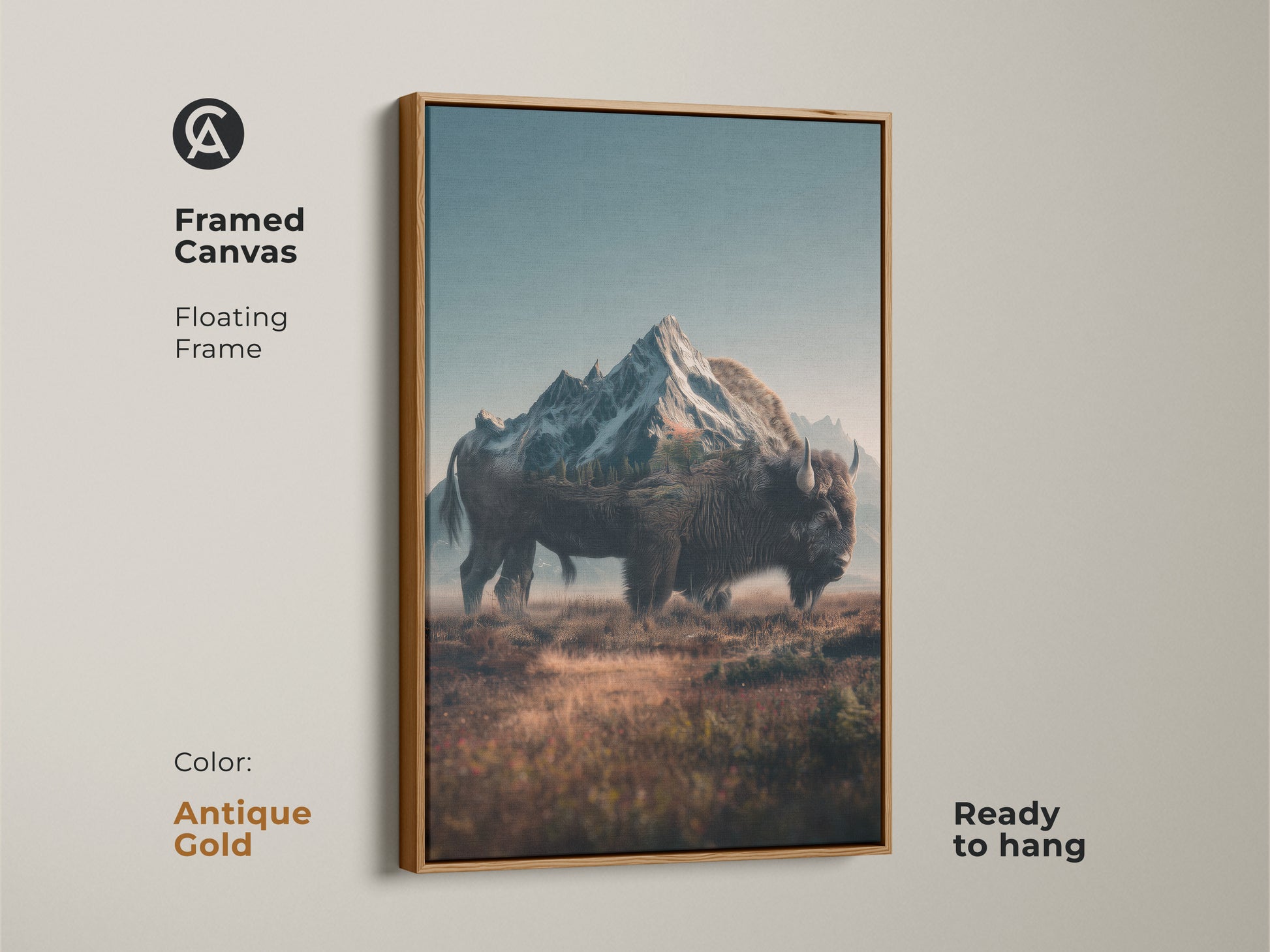 Framed canvas artwork features a bison and mountain range. The antique gold floating frame adds a touch of elegance. Ready to hang it's perfect for any room. This bison artwork combines nature and sophistication.
