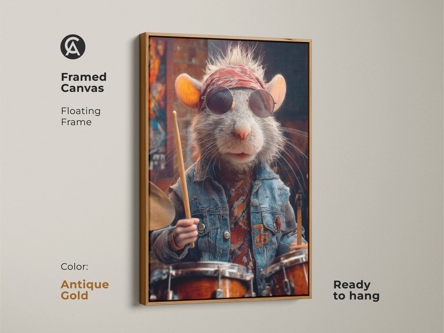 Framed canvas of rat drummer artwork with an antique gold floating frame. Eclectic rock and roll decor for your home office wall. Ready to hang alternative music decor. This animal art makes a great rock fan gift. Ideal for a quirky pet art lover.