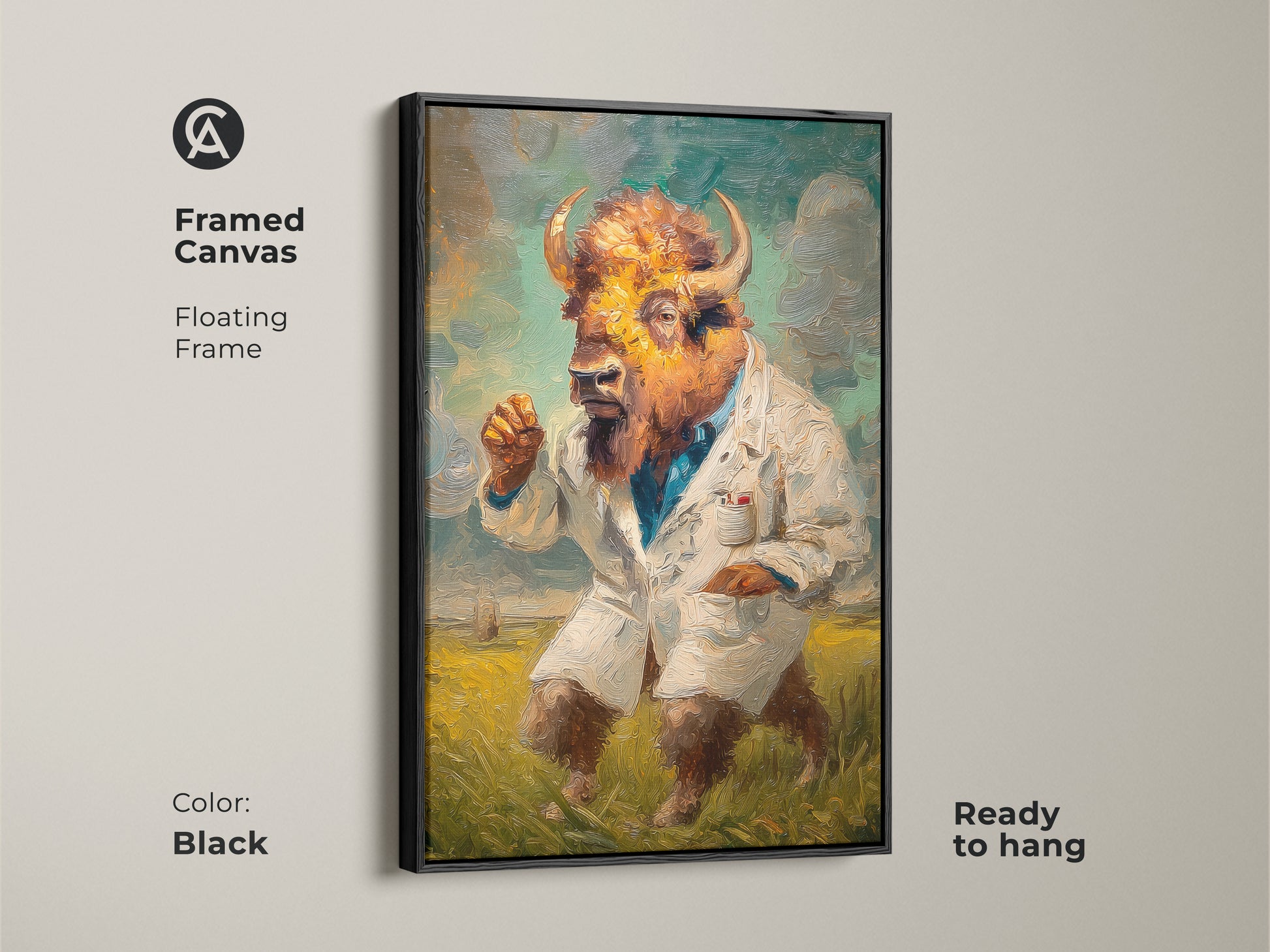 This is a framed canvas print of a buffalo-human hybrid. The artwork shows the figure in a lab coat. This framed canvas features a floating frame. The black frame beautifully complements the buffalo-human art. It is ready to hang.