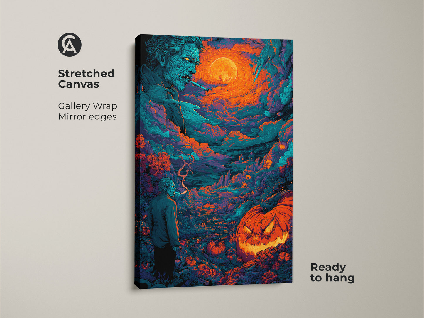 A stretched canvas displays Halloween artwork. It shows a spooky zombie and a glowing jack-o-lantern under a full moon. This gallery wrapped canvas has mirror edges. It arrives ready to hang. Add a touch of horror to your home decor.