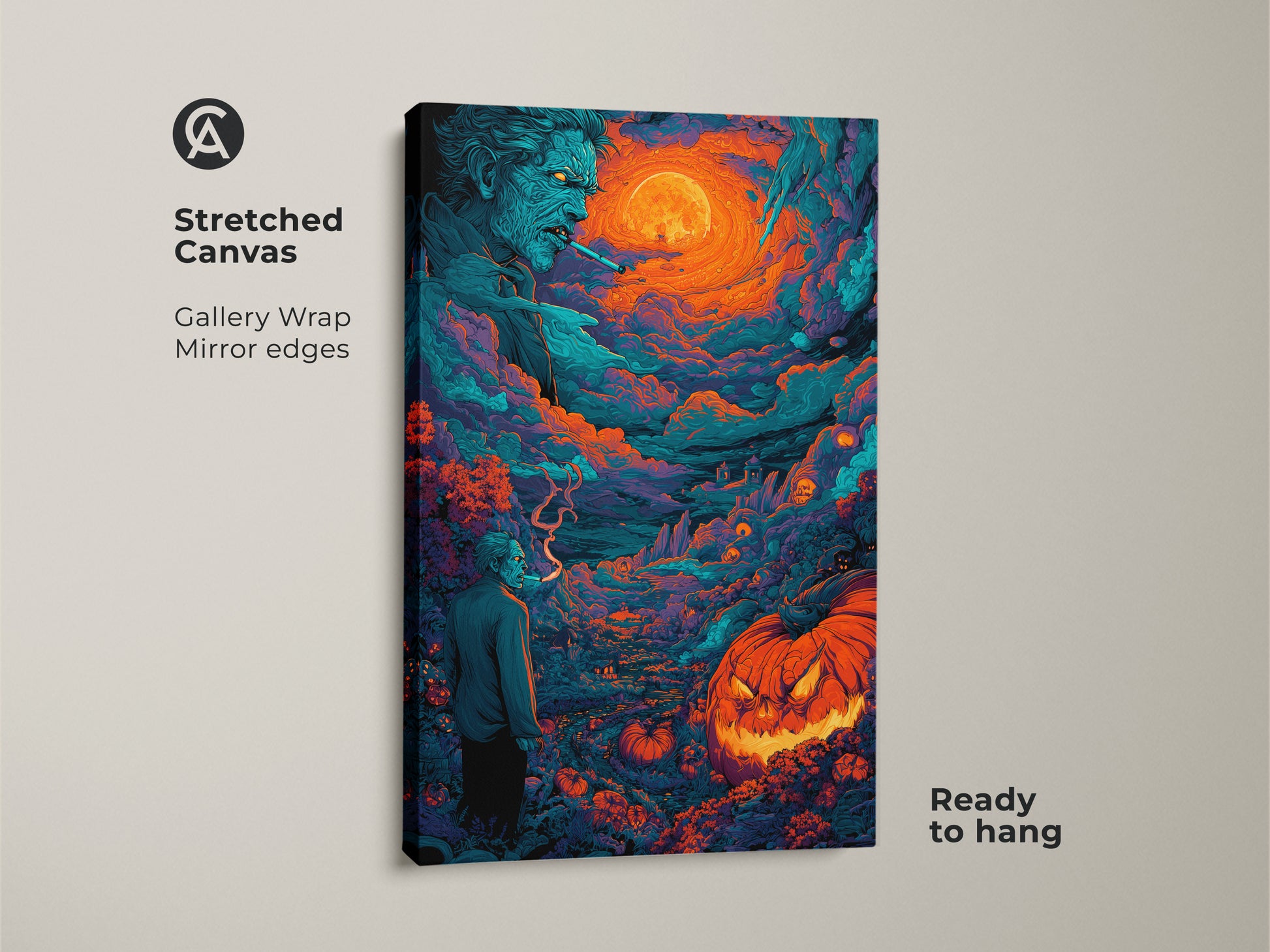 A stretched canvas displays Halloween artwork. It shows a spooky zombie and a glowing jack-o-lantern under a full moon. This gallery wrapped canvas has mirror edges. It arrives ready to hang. Add a touch of horror to your home decor.