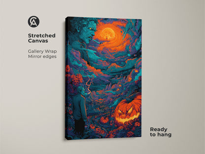 A stretched canvas displays Halloween artwork. It shows a spooky zombie and a glowing jack-o-lantern under a full moon. This gallery wrapped canvas has mirror edges. It arrives ready to hang. Add a touch of horror to your home decor.