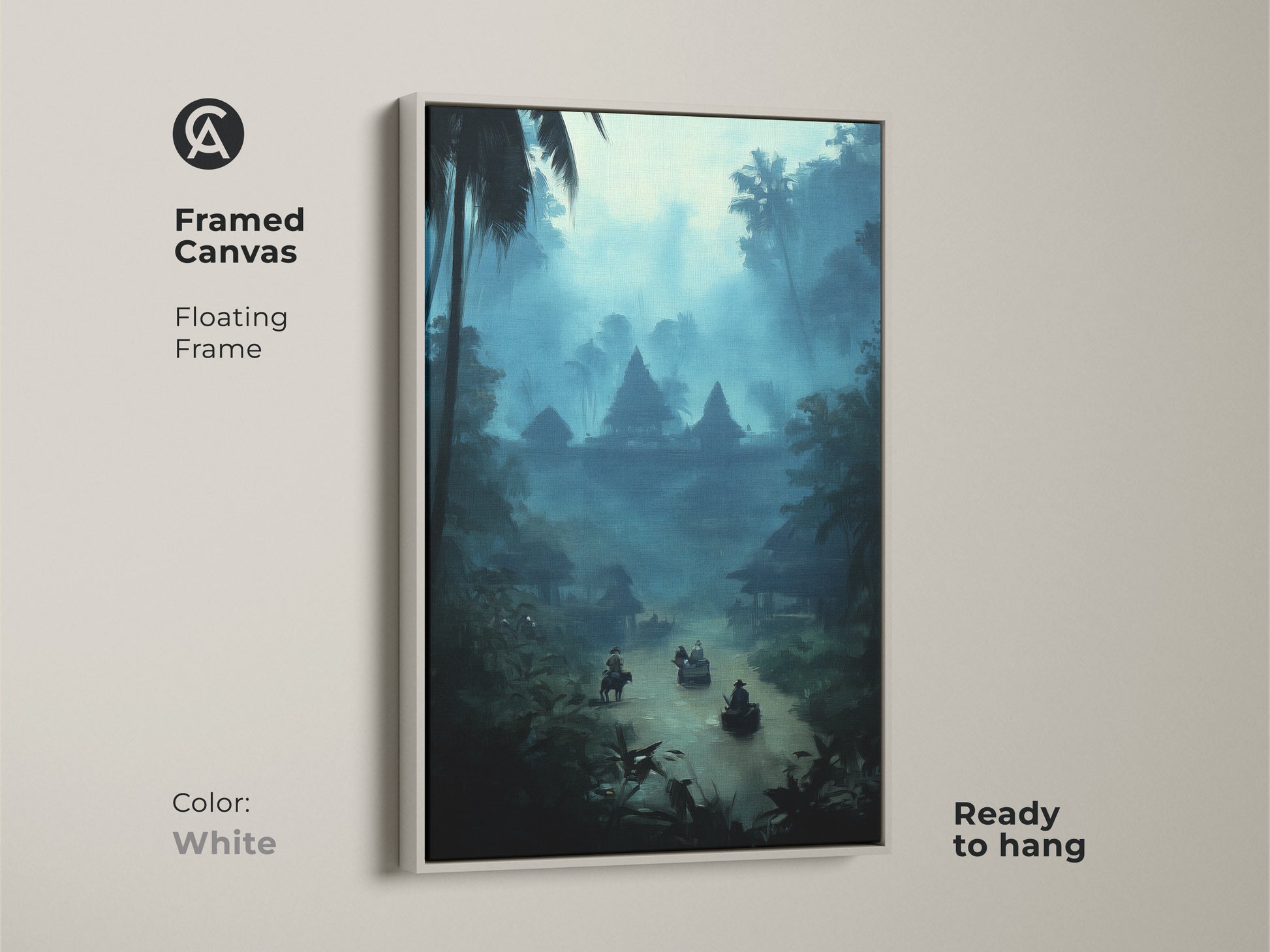 Framed canvas artwork in a white floating frame. This misty blue jungle river print is ready to hang. The bohemian landscape canvas enhances any room. The deep teal wall decor adds character. This artwork evokes a sense of wanderlust and travel.