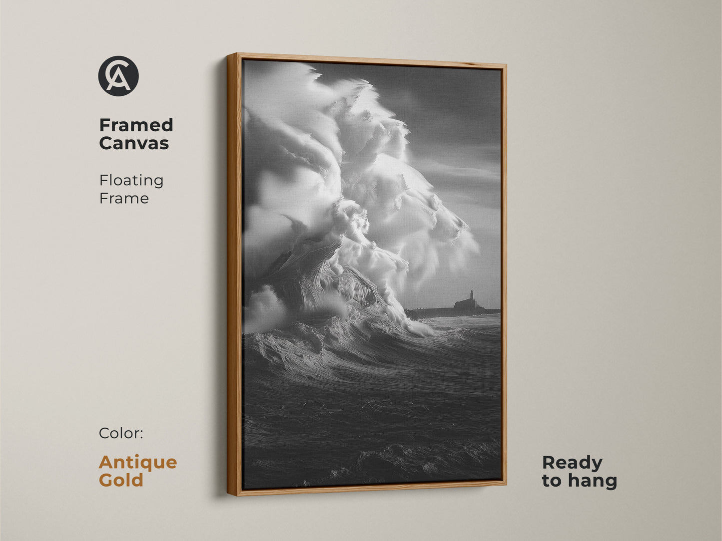 Antique Gold Framed Canvas featuring monochrome ocean wave art. This coastal lighthouse canvas print shows a black and white seascape. Ready to hang this beach theme wall art will enhance nautical decor. Stormy sea canvas art to bring ocean view artwork to your home.