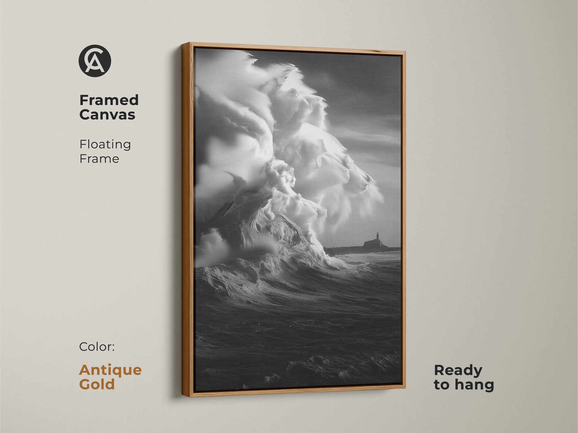 Antique Gold Framed Canvas featuring monochrome ocean wave art. This coastal lighthouse canvas print shows a black and white seascape. Ready to hang this beach theme wall art will enhance nautical decor. Stormy sea canvas art to bring ocean view artwork to your home.