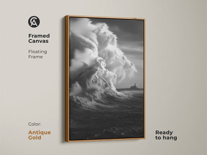 Antique Gold Framed Canvas featuring monochrome ocean wave art. This coastal lighthouse canvas print shows a black and white seascape. Ready to hang this beach theme wall art will enhance nautical decor. Stormy sea canvas art to bring ocean view artwork to your home.