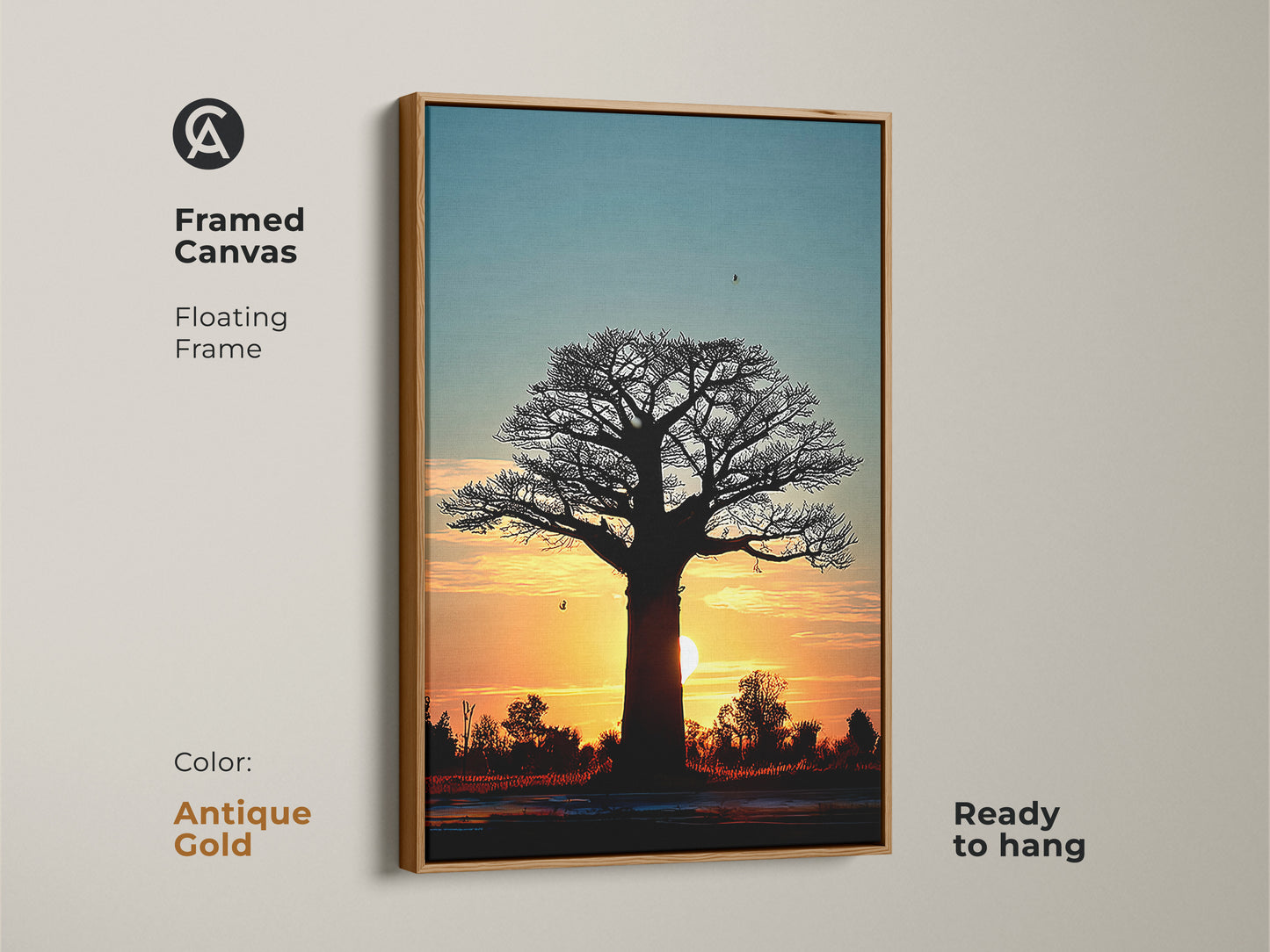 Antique gold framed canvas featuring a sunset baobab tree. This serene sunset wall decor is ready to hang. The unique travel wall art adds a touch of elegance. Perfect as Africa inspired art.