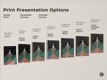 Explore print presentation options for psychedelic mushroom forest art. Choose from poster stretched or framed canvas. Each showcases a meditating figure in trippy surrealism with indigo green and red hues.