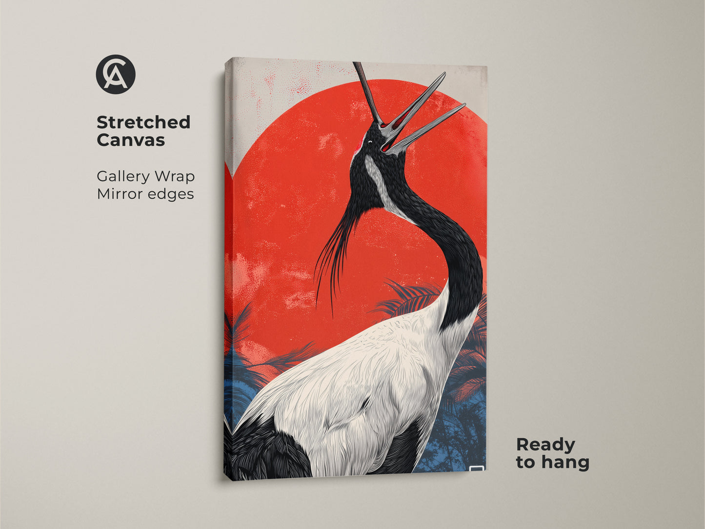 A stretched canvas featuring Japanese crane art. This red sun bird print has mirror edges. It's ready to hang. This Asian wildlife artwork will add eclectic decor to any office space. This canvas is the perfect bird lover gift. The red crane painting is a housewarming present.