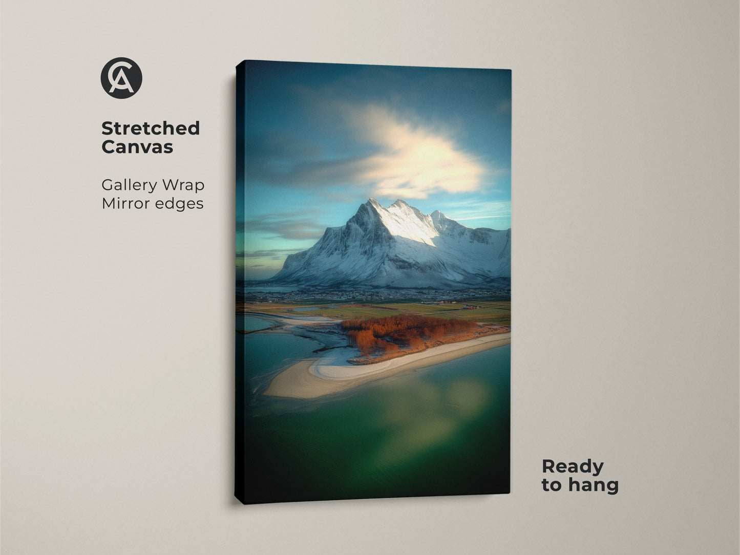 A stretched canvas print featuring a coastal village and snowy mountain landscape. The gallery wrap with mirrored edges is ready to hang. This scenic nature canvas enhances any contemporary space.