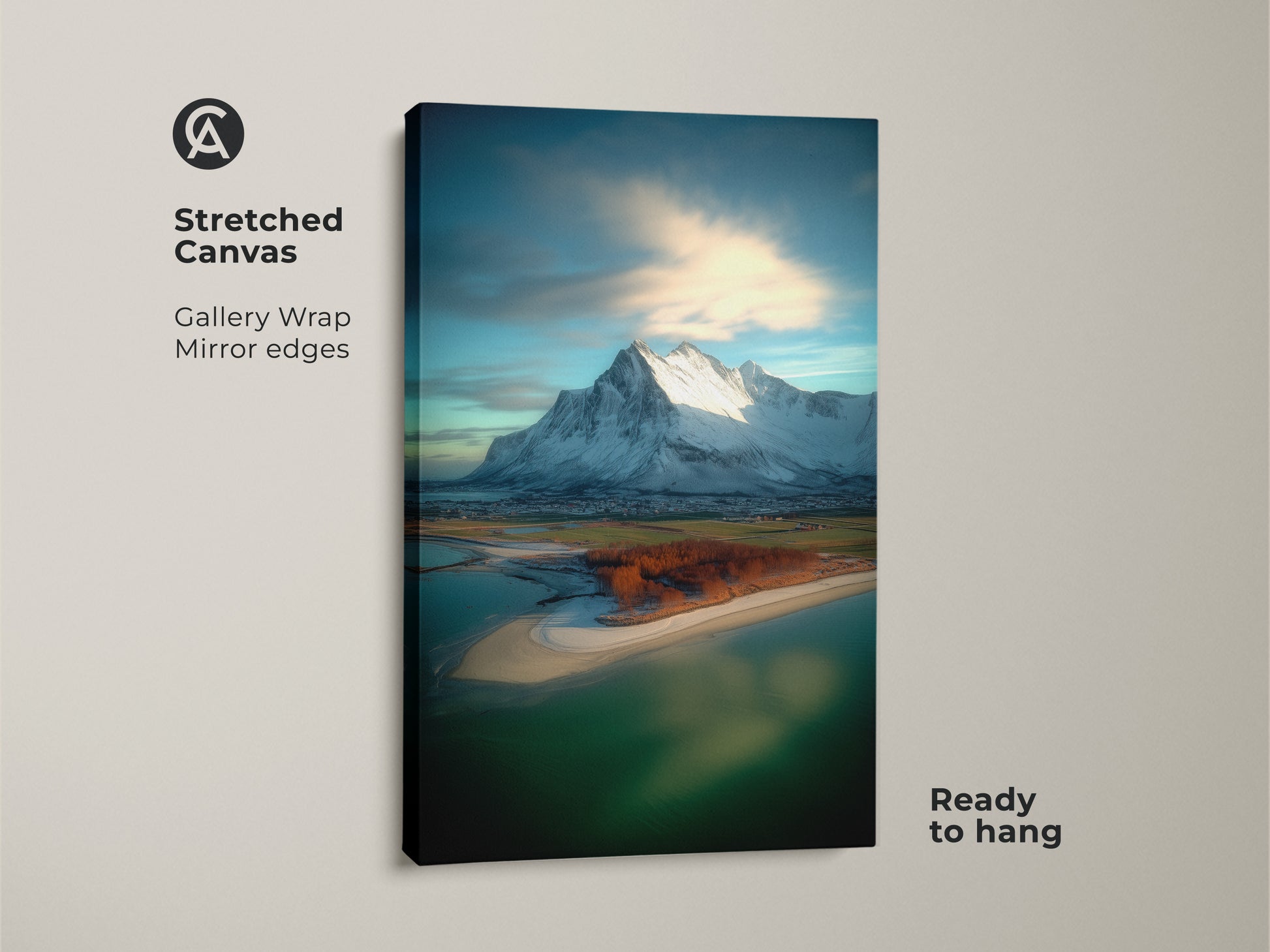 A stretched canvas print featuring a coastal village and snowy mountain landscape. The gallery wrap with mirrored edges is ready to hang. This scenic nature canvas enhances any contemporary space.