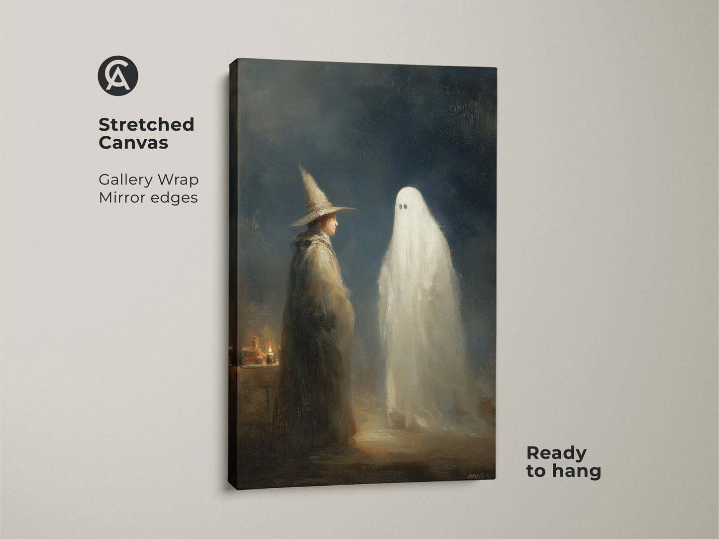 Stretched canvas print featuring a gothic wizard and ghost. This supernatural fantasy wall art is ready to hang. The gallery wrap with mirror edges enhances the dark academia style. A unique piece for your study or Halloween decor.