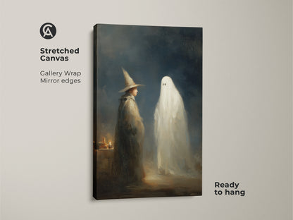 Stretched canvas print featuring a gothic wizard and ghost. This supernatural fantasy wall art is ready to hang. The gallery wrap with mirror edges enhances the dark academia style. A unique piece for your study or Halloween decor.