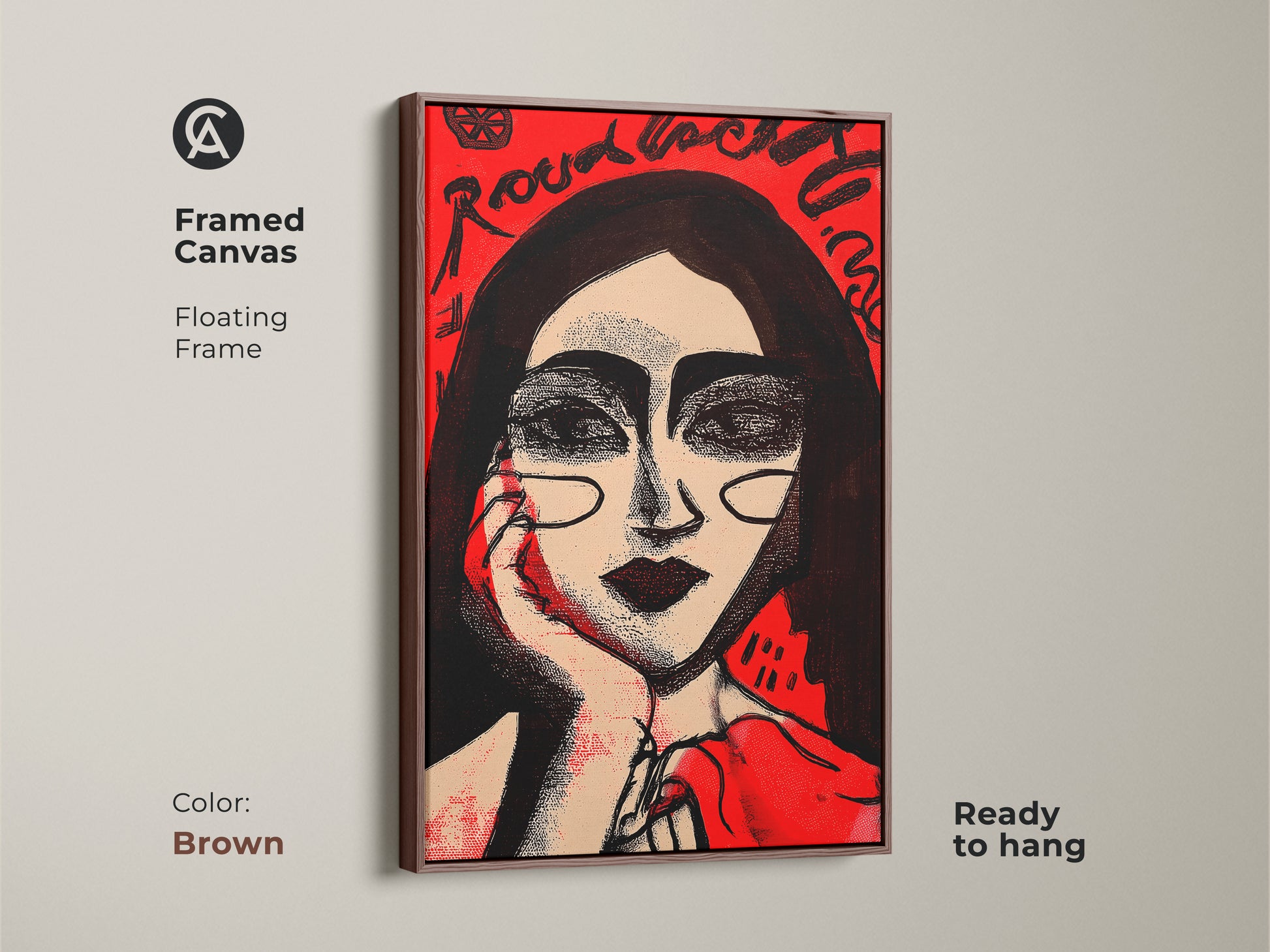 Framed canvas art with a floating frame in brown. This modern portrait of a woman is ready to hang. The red and black ink artwork adds a bold statement to your wall decor. Perfect for contemporary art lovers.