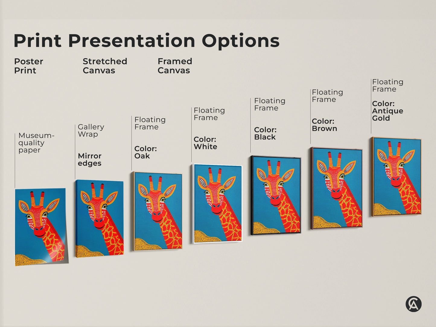 Explore print presentation options for the Tribal Giraffe Canvas Art. Choose from poster prints stretched canvas and framed canvas. Each option showcases the vibrant red giraffe against a blue background. Perfect for adding a Boho Folk style touch to any room. Select the ideal format to suit your decor needs.
