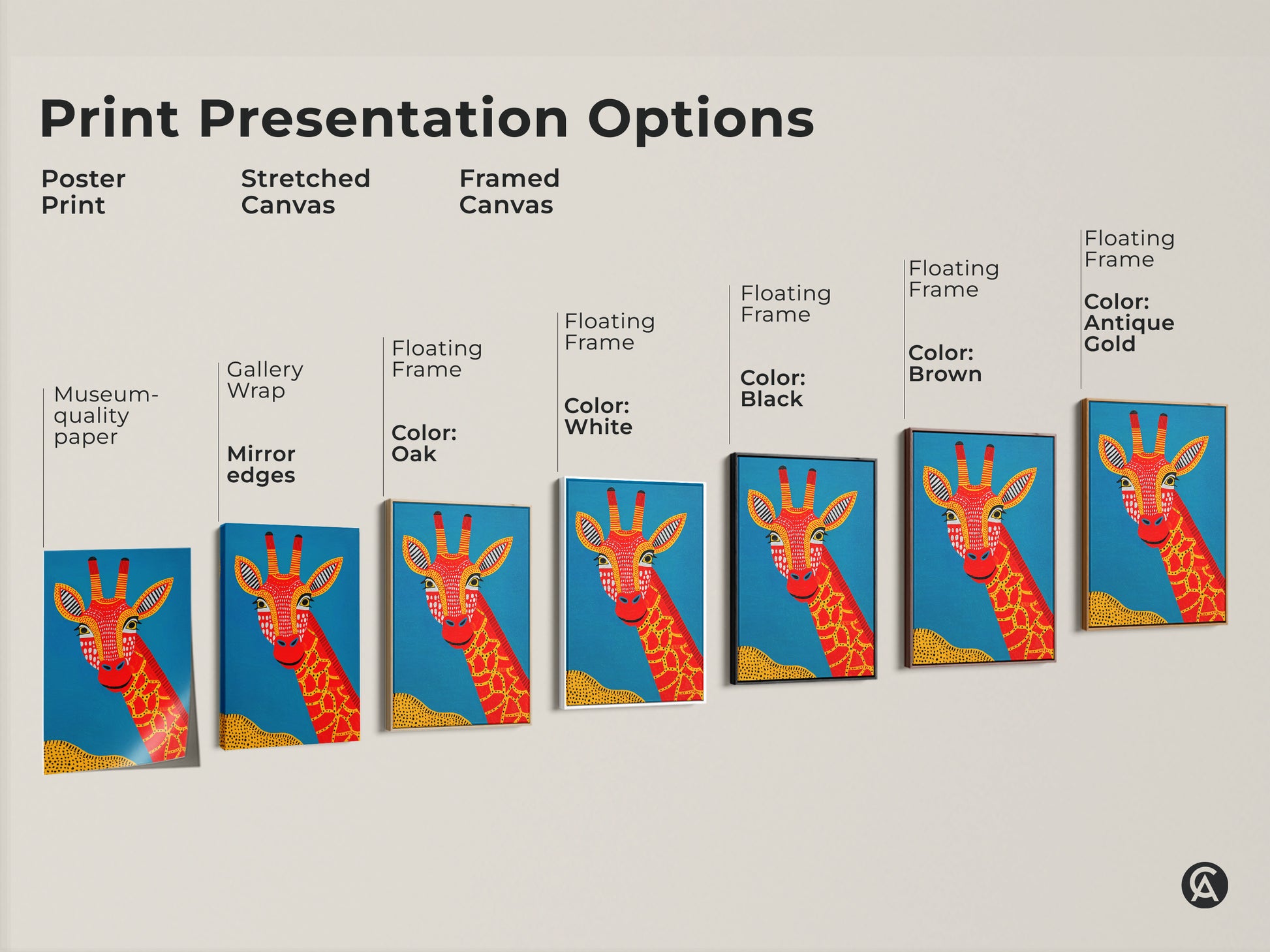 Explore print presentation options for the Tribal Giraffe Canvas Art. Choose from poster prints stretched canvas and framed canvas. Each option showcases the vibrant red giraffe against a blue background. Perfect for adding a Boho Folk style touch to any room. Select the ideal format to suit your decor needs.