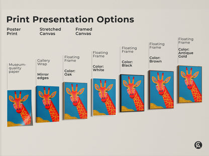 Explore print presentation options for the Tribal Giraffe Canvas Art. Choose from poster prints stretched canvas and framed canvas. Each option showcases the vibrant red giraffe against a blue background. Perfect for adding a Boho Folk style touch to any room. Select the ideal format to suit your decor needs.