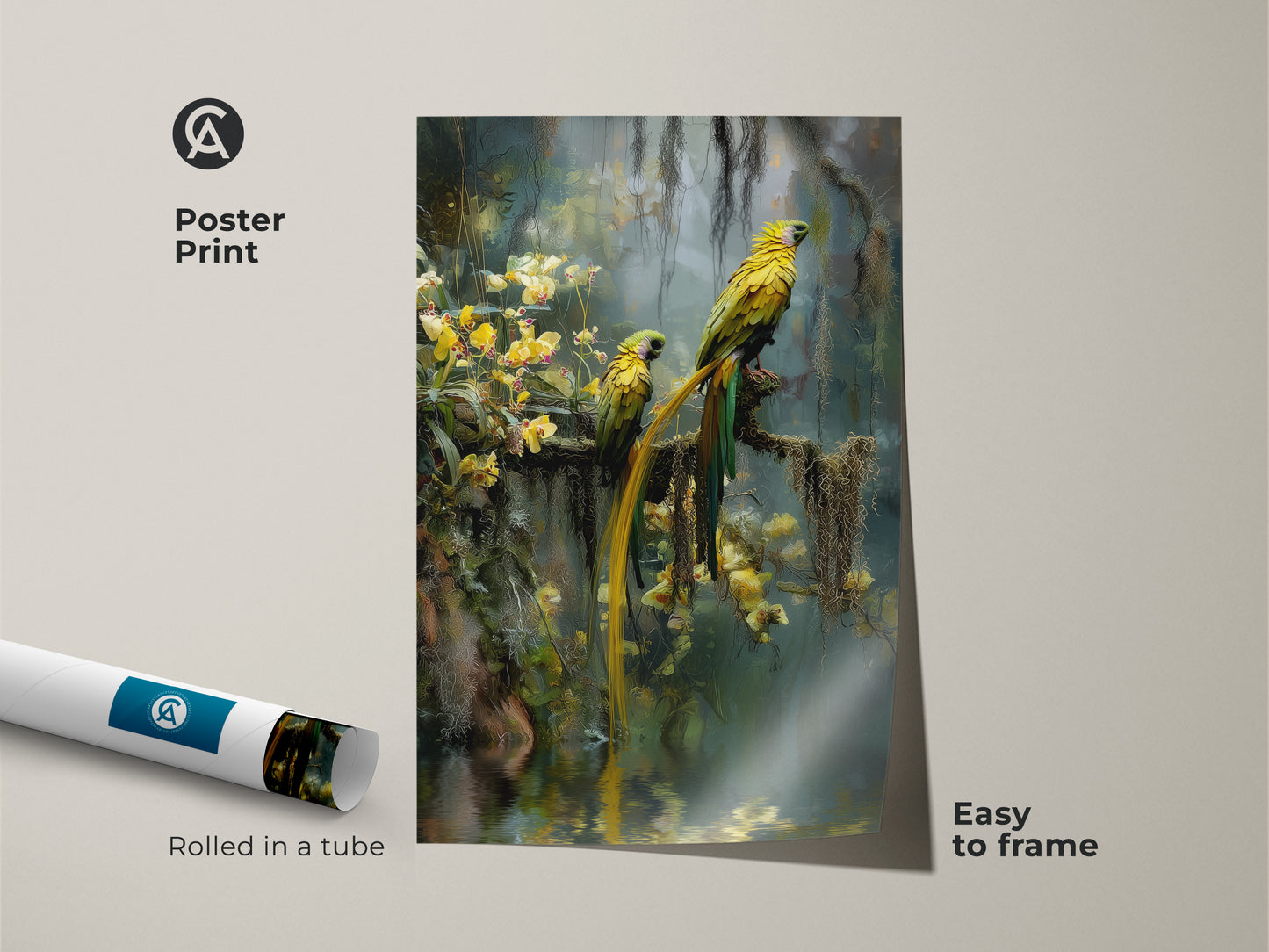 This poster print showcases two yellow parrots in a lush rainforest with yellow orchids. Easy to frame this photorealistic animal art brings the beauty of exotic bird wildlife to any space. A unique tropical artwork for nature and bird lovers. This boho art is rolled in a tube for safe delivery.