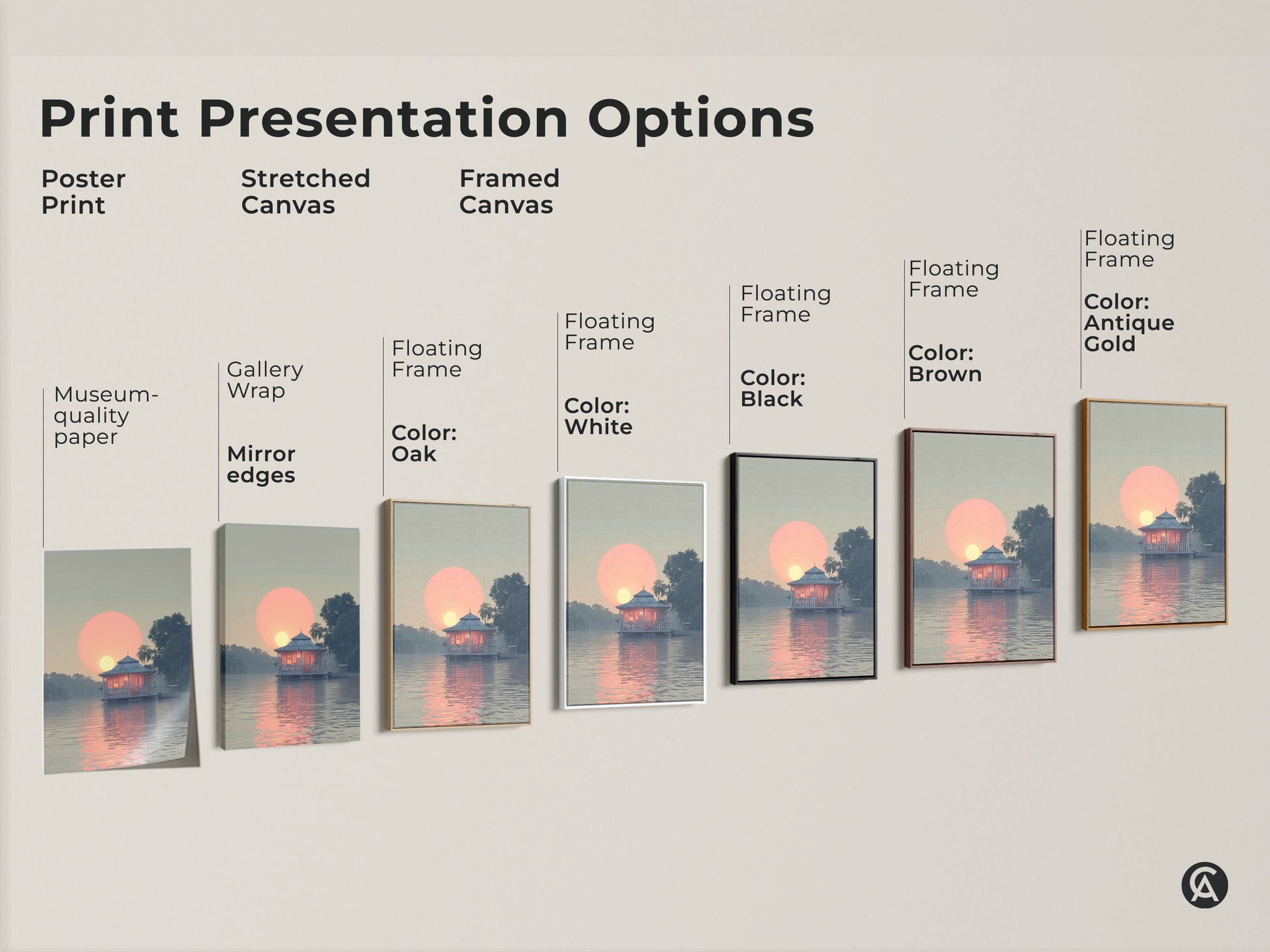 Print Presentation Options for Bungalow Sunset wall art. The museum-quality paper and stretched canvas show gallery wrap and mirror edges. Framed canvas options come in oak white black brown and antique gold.