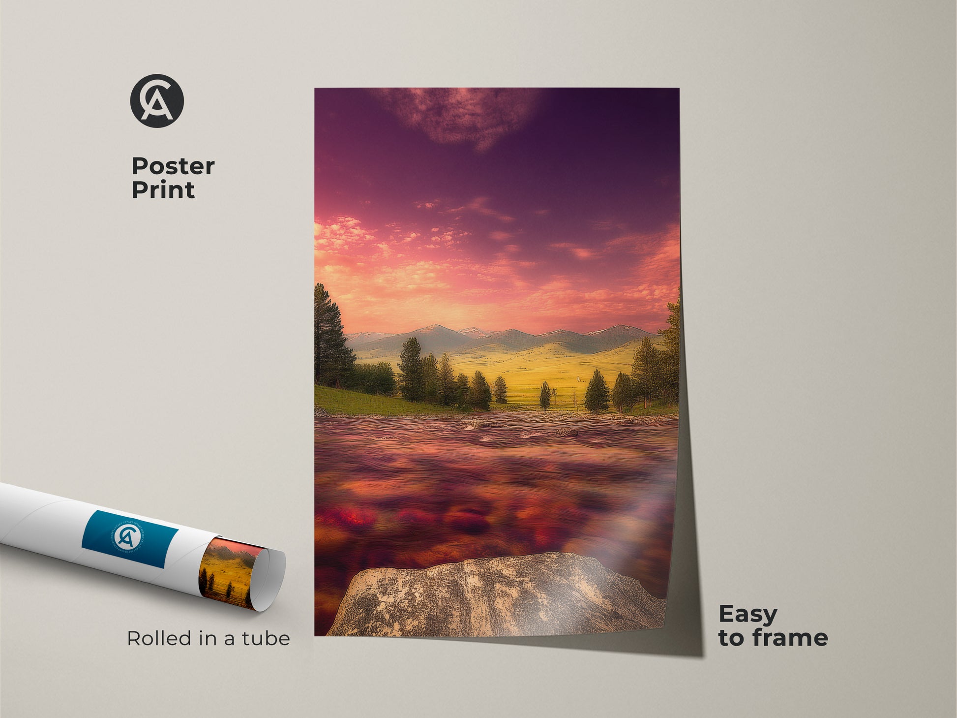Impressionist mountain river landscape art. This poster print showcases a purple pink sky. It's easy to frame and arrives rolled in a tube. A vibrant landscape print perfect for nature art enthusiasts. Great as artistic home decor or a scenic landscape canvas.