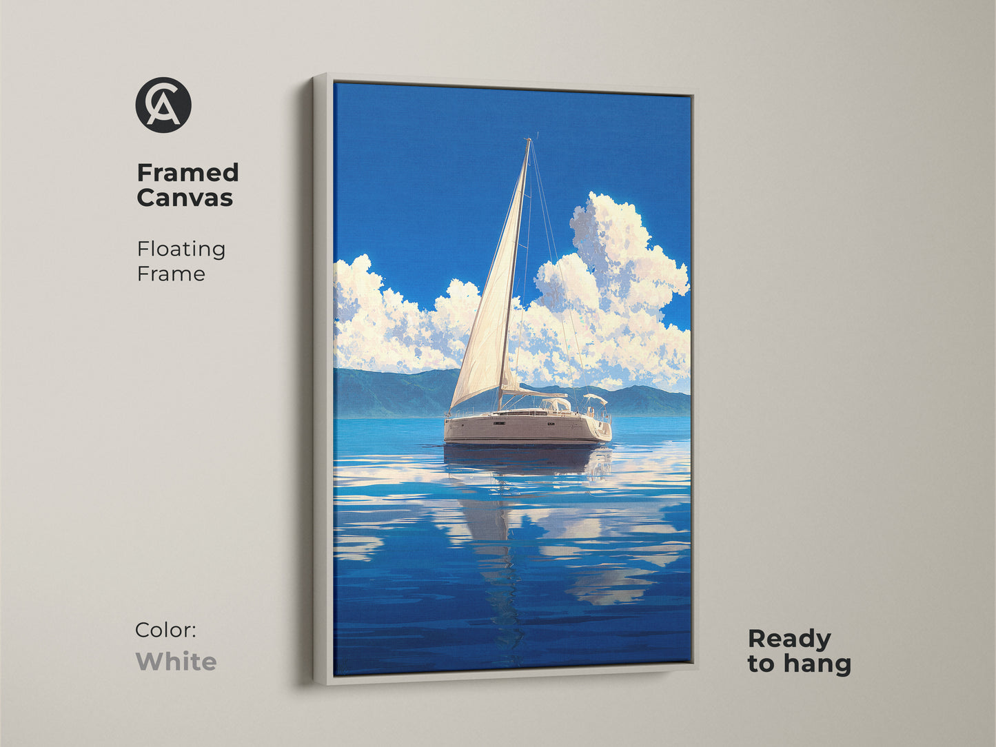 Framed canvas print of a coastal sailboat artwork with a white floating frame. This nautical home decor features a sailing boat on a blue ocean seascape. The landscape artwork brings a serene touch to any room. A thoughtful gift for sailors and boat enthusiasts. Ready to hang.