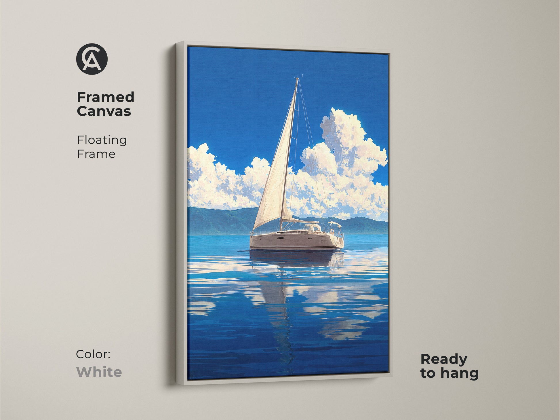 Framed canvas print of a coastal sailboat artwork with a white floating frame. This nautical home decor features a sailing boat on a blue ocean seascape. The landscape artwork brings a serene touch to any room. A thoughtful gift for sailors and boat enthusiasts. Ready to hang.