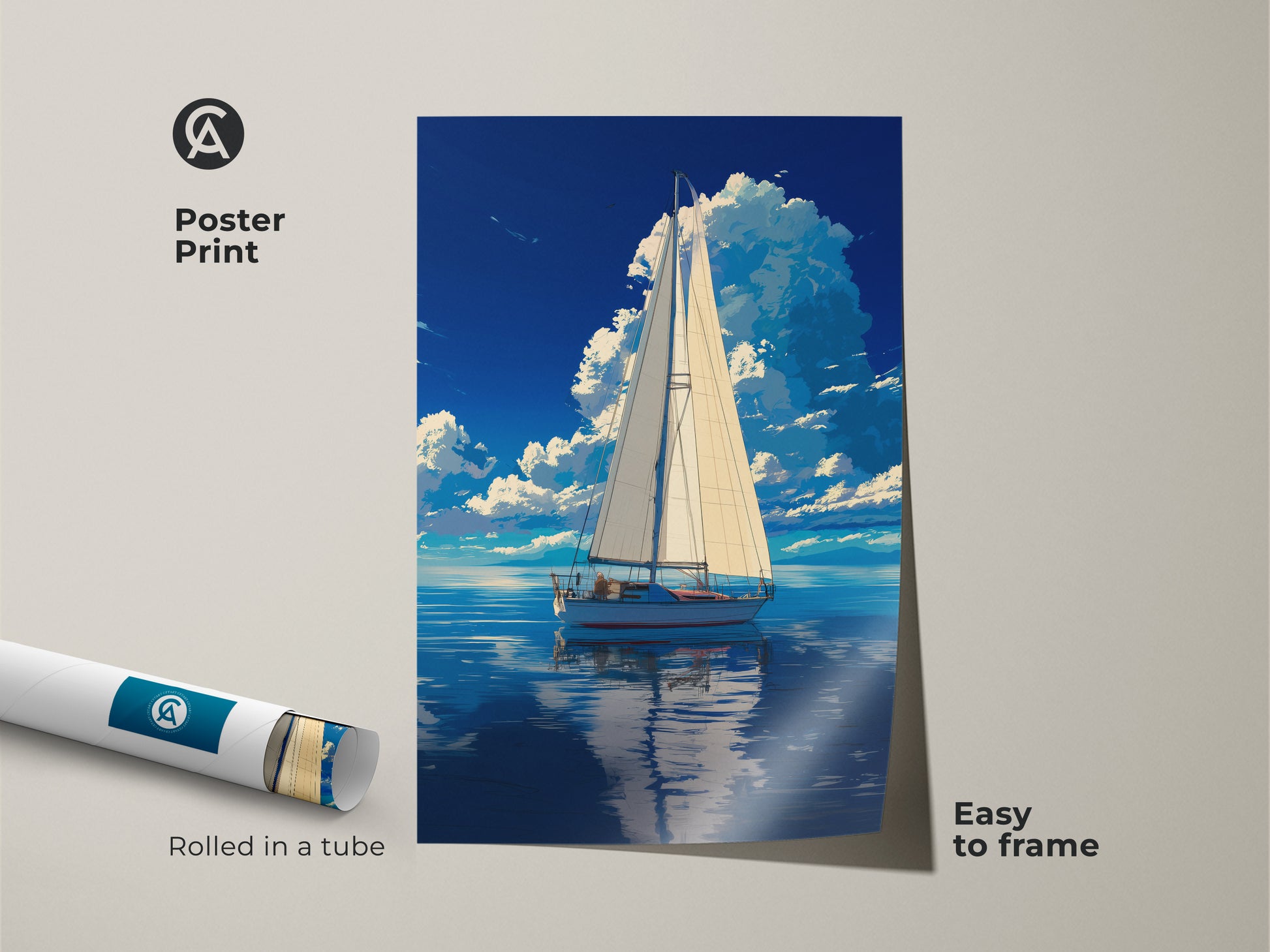 Poster print featuring a sailboat on the ocean. This nautical landscape artwork captures a deep blue sky. Easy to frame this coastal ocean artwork brings a touch of the sea to any room. A great sailing gift idea.