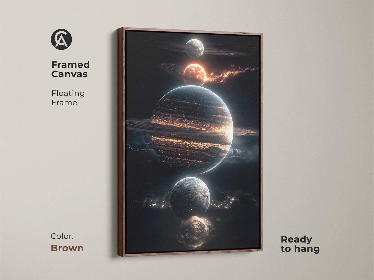 Framed canvas featuring planets floating in space. The brown floating frame makes it ready to hang. This stellar artwork is perfect for any room. Get your framed canvas today.