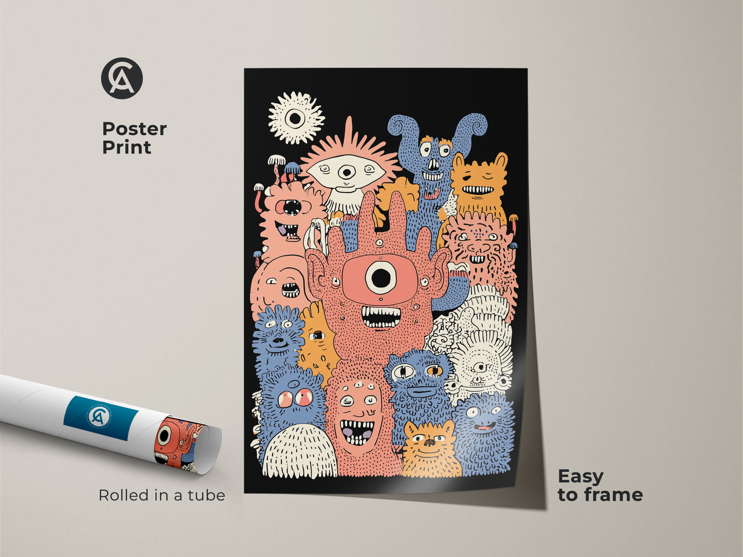 Poster print of a doodle style monster for a kids room. The poster is easy to frame and can be a playful wall decor art. The coral orange and blue art is great for a playroom. It features a unique monster illustration.