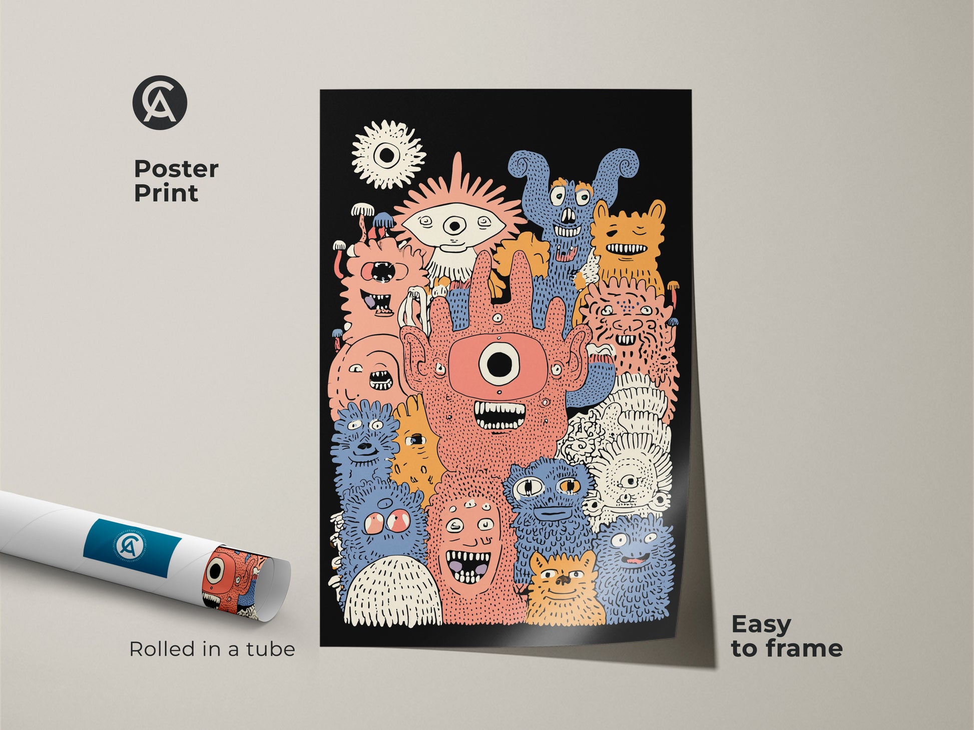 Poster print of a doodle style monster for a kids room. The poster is easy to frame and can be a playful wall decor art. The coral orange and blue art is great for a playroom. It features a unique monster illustration.