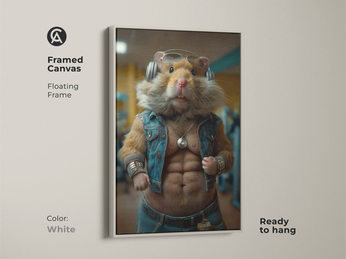 White framed canvas showing a funny bodybuilder hamster. This cool gym motivation art print is ready to hang. It serves as unique office fitness decor or man cave wall decor. A great birthday gift for fitness lover who enjoys humorous animal artwork.