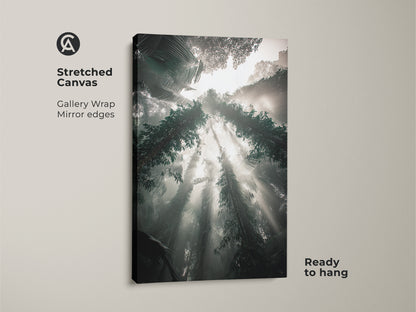 This Stretched Canvas features misty trees and sunbeams in a Biophilic nature landscape. The teal gray green forest art has gallery wrapped mirror edges and is ready to hang. A serene forest view artwork adds tranquility to any space.