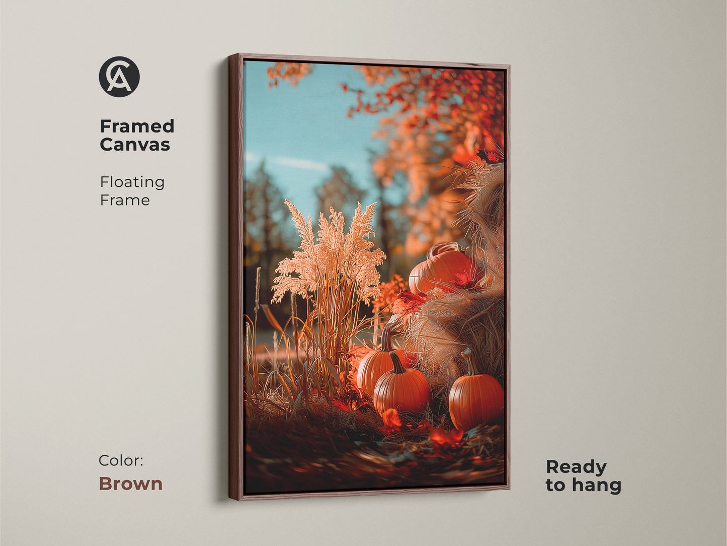 Elevate your space with this framed canvas pumpkin art in brown. This autumn artwork features pumpkins and fall foliage. A floating frame adds a touch of sophistication. It's ready to hang and enjoy this seasonal beauty.