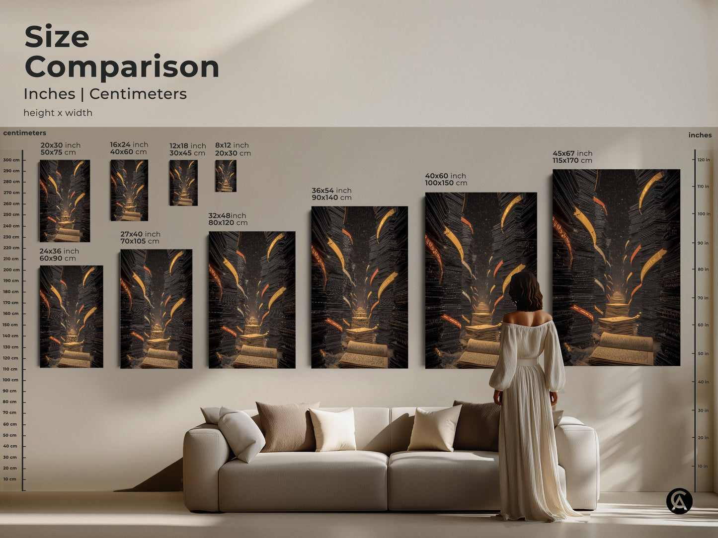 Size comparison of the surreal library staircase artwork. Inches and centimeters are shown. A person stands in front of the artwork for scale. It is a beautiful eclectic black gold orange art.