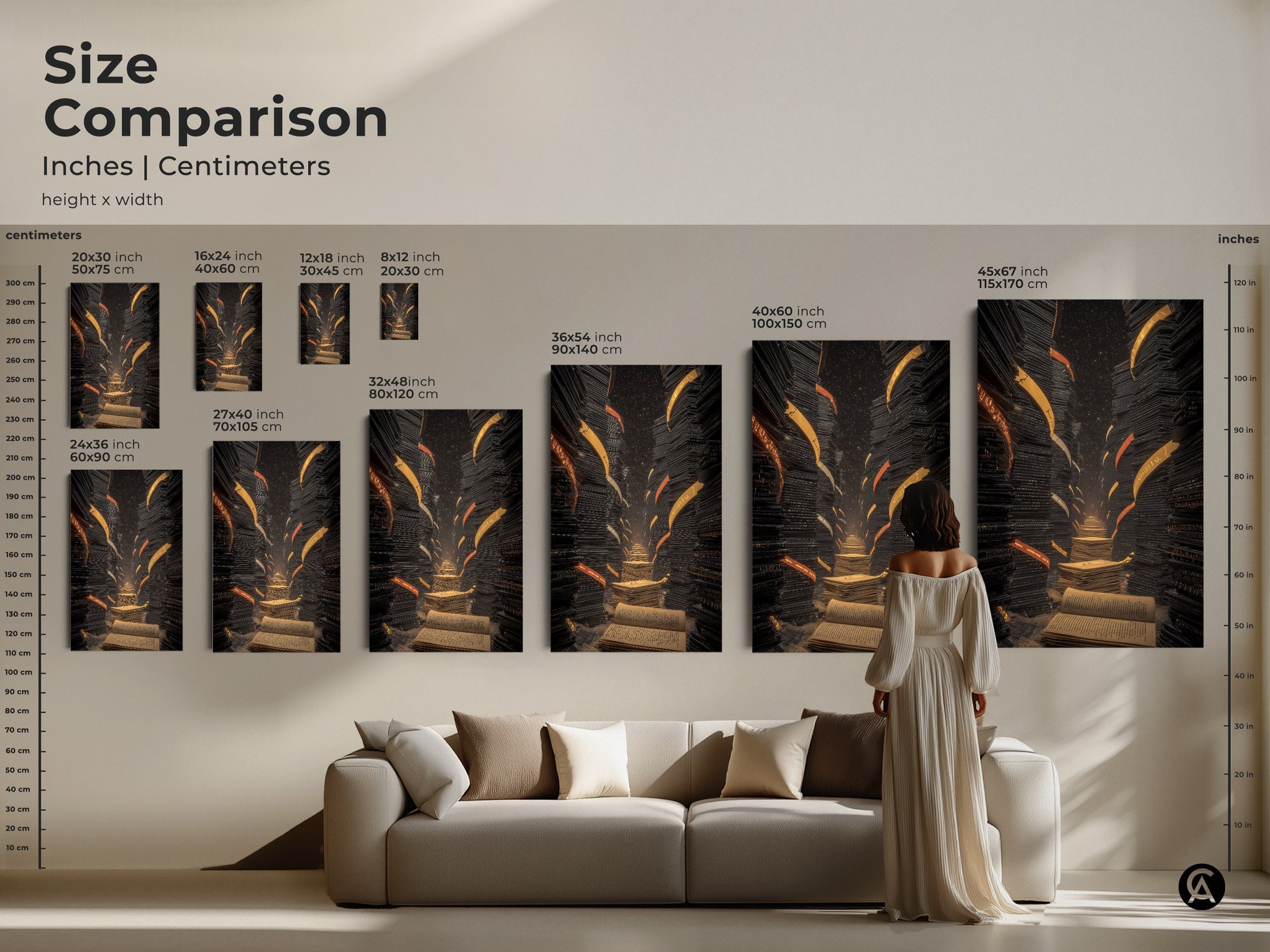 Size comparison of the surreal library staircase artwork. Inches and centimeters are shown. A person stands in front of the artwork for scale. It is a beautiful eclectic black gold orange art.