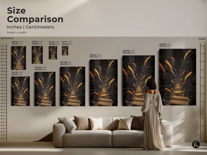 Size comparison of the surreal library staircase artwork. Inches and centimeters are shown. A person stands in front of the artwork for scale. It is a beautiful eclectic black gold orange art.