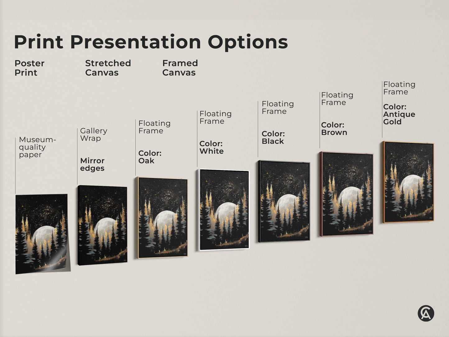 Explore our print presentation options with this celestial moon and pine trees artwork. Choose from poster prints to stretched canvas and framed canvas. Each option showcases the gold galaxy forest in stunning detail. Find the perfect piece to match your home decor style. Enjoy museum-quality edges.