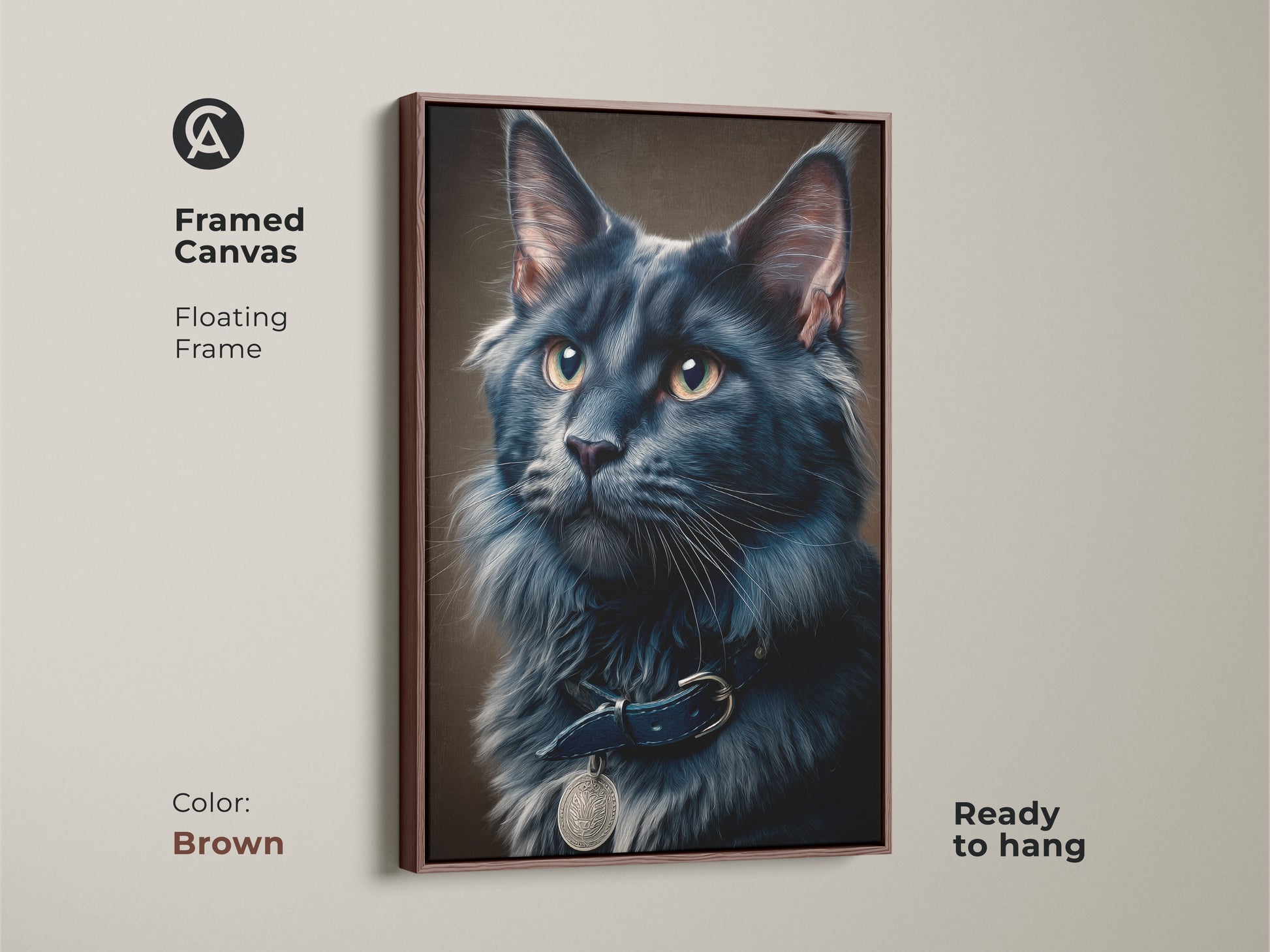 The framed canvas features a floating frame in brown displaying a dark gray Maine Coon cat. This realistic feline portrait is ready to hang. This elegant home decor art piece is perfect for animal lovers seeking unique wall art.