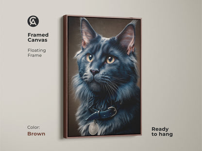 The framed canvas features a floating frame in brown displaying a dark gray Maine Coon cat. This realistic feline portrait is ready to hang. This elegant home decor art piece is perfect for animal lovers seeking unique wall art.
