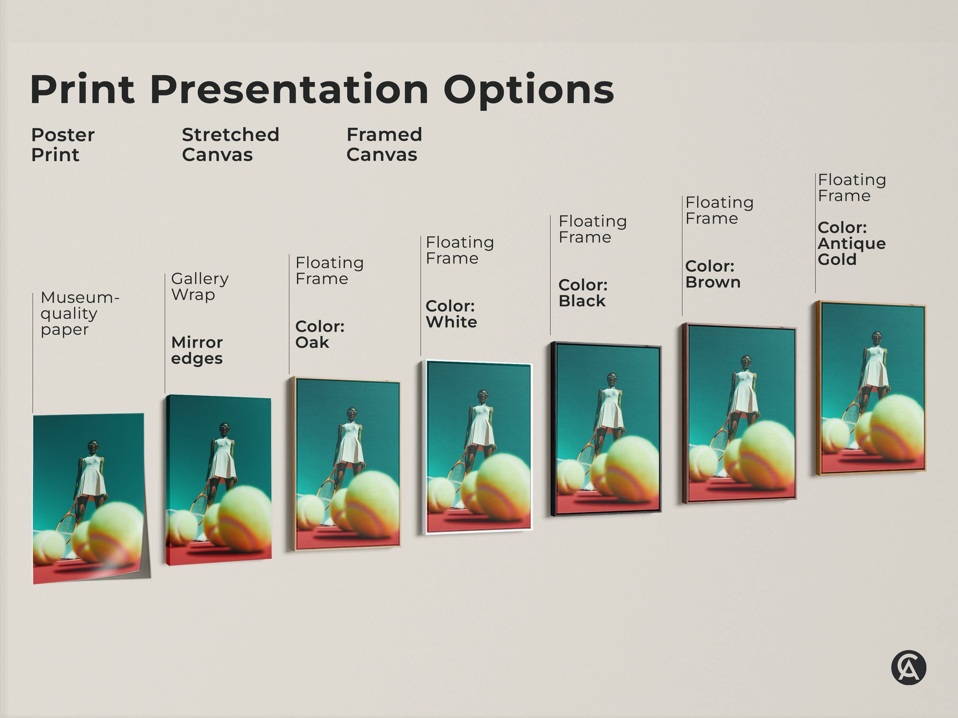 Artwork print presentation options. Displaying poster prints stretched canvas and framed canvas. Each features a tennis player in a white dress. The options include museum quality paper gallery wrap and floating frames. Available in various colors to suit any décor. Find the perfect presentation for your style