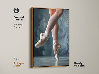 Antique gold framed canvas of ballet art. This ballerina artwork features a dancer's elegance. The floating frame adds a vintage touch. This ready-to-hang ballet print is stunning. The antique gold frame enhances the art.