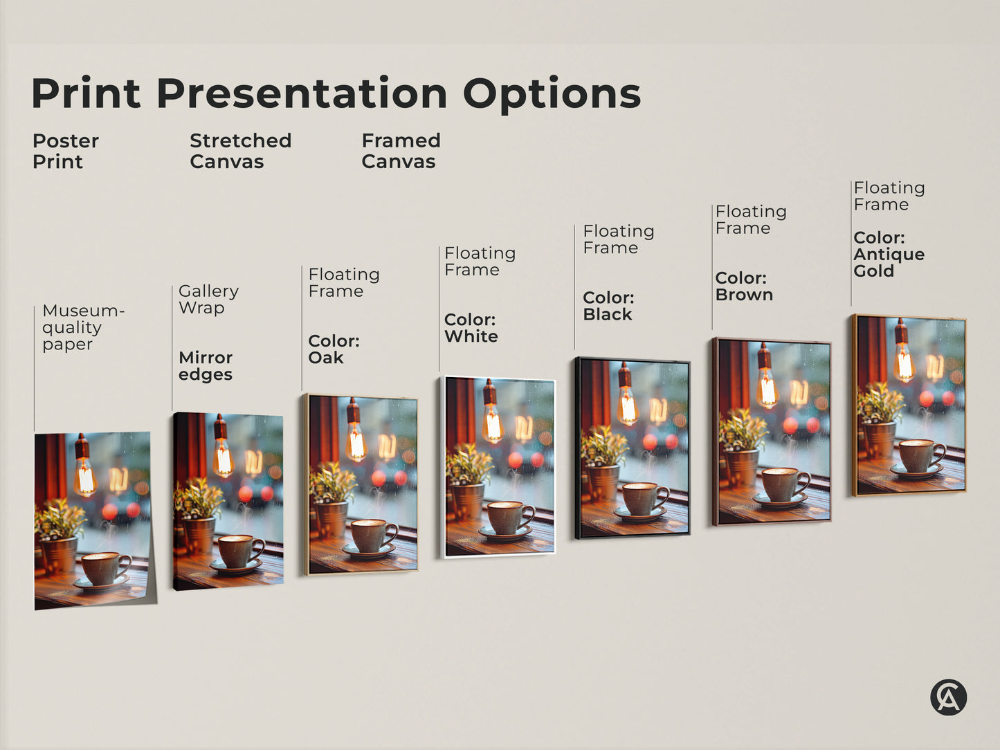 Explore print presentation options for this cozy coffee art. Choose from poster prints stretched canvas and framed canvas with museum quality edges. The gallery wrap features mirror edges. Floating frames are available in oak white black brown and antique gold.