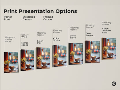 Explore print presentation options for this cozy coffee art. Choose from poster prints stretched canvas and framed canvas with museum quality edges. The gallery wrap features mirror edges. Floating frames are available in oak white black brown and antique gold.