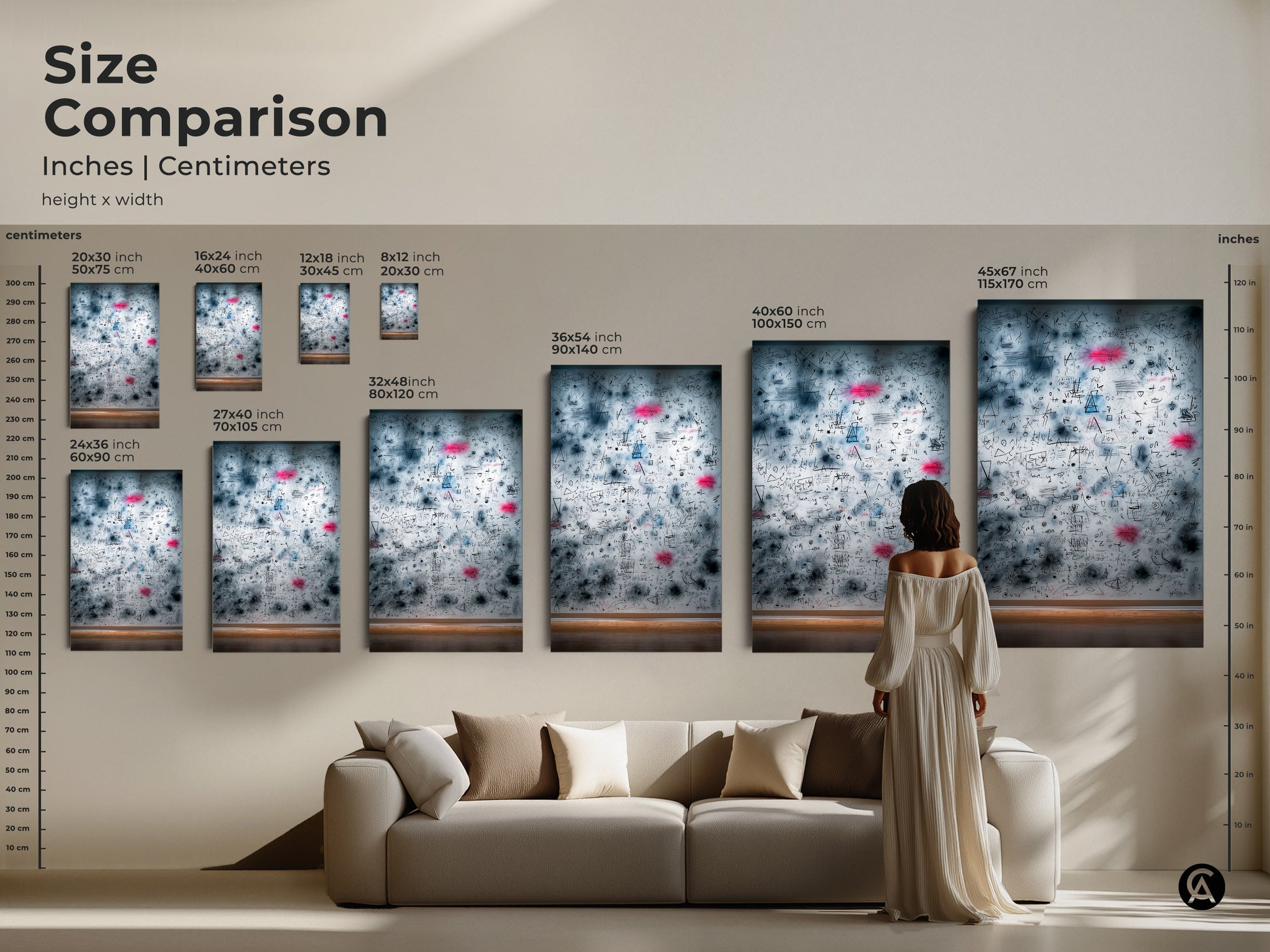 Size comparison of abstract math equations artwork in inches and centimeters. Visualize how each size fits above furniture. Choose from various dimensions to suit your space perfectly. Options include canvas and poster.